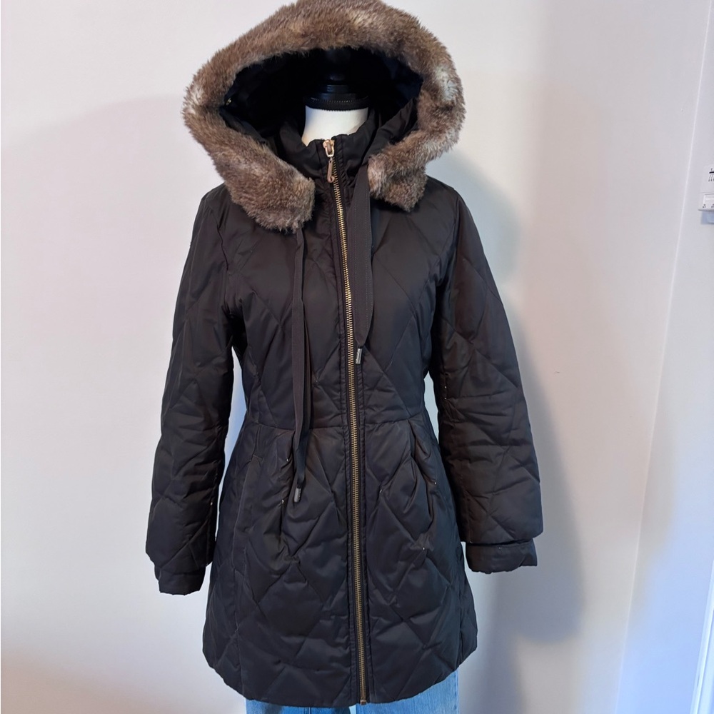 Juicy Couture Black Quilted Puffer Coat Medium Down Fur Hood Pockets Jacket